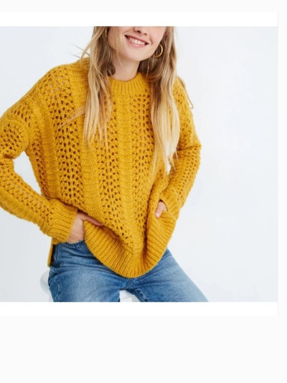 Madewell Open-Knit Crewneck Windemere Sweater in Mustard Yellow.  Size XS